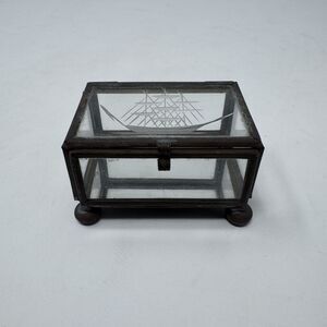 Vintage Etched Glass Brass Trinket Jewelry Box Ball Feet Sailboat Clipper Ship